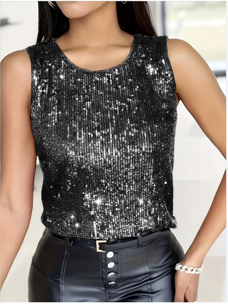 1116 European and American new women's clothing large size sequined solid color round neck sleeveless vest