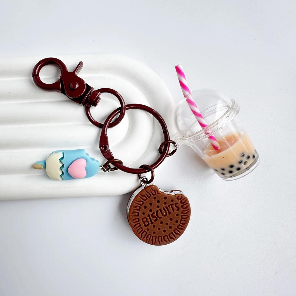 Niedlicher Auto-Schlüsselanhänger, Eiscreme, Bubble Tea, Keks, rosa, Schlüsselanhänger für die beste Freundin, Frauen, Mädchen, Tasche, Geschenk, Schmuck, Zubehör, Initiale