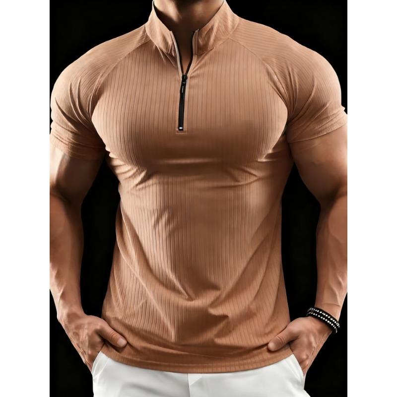Men European Size Slim Fit Summer Half Zip Short Sleeve Ribbed Polo Shirt