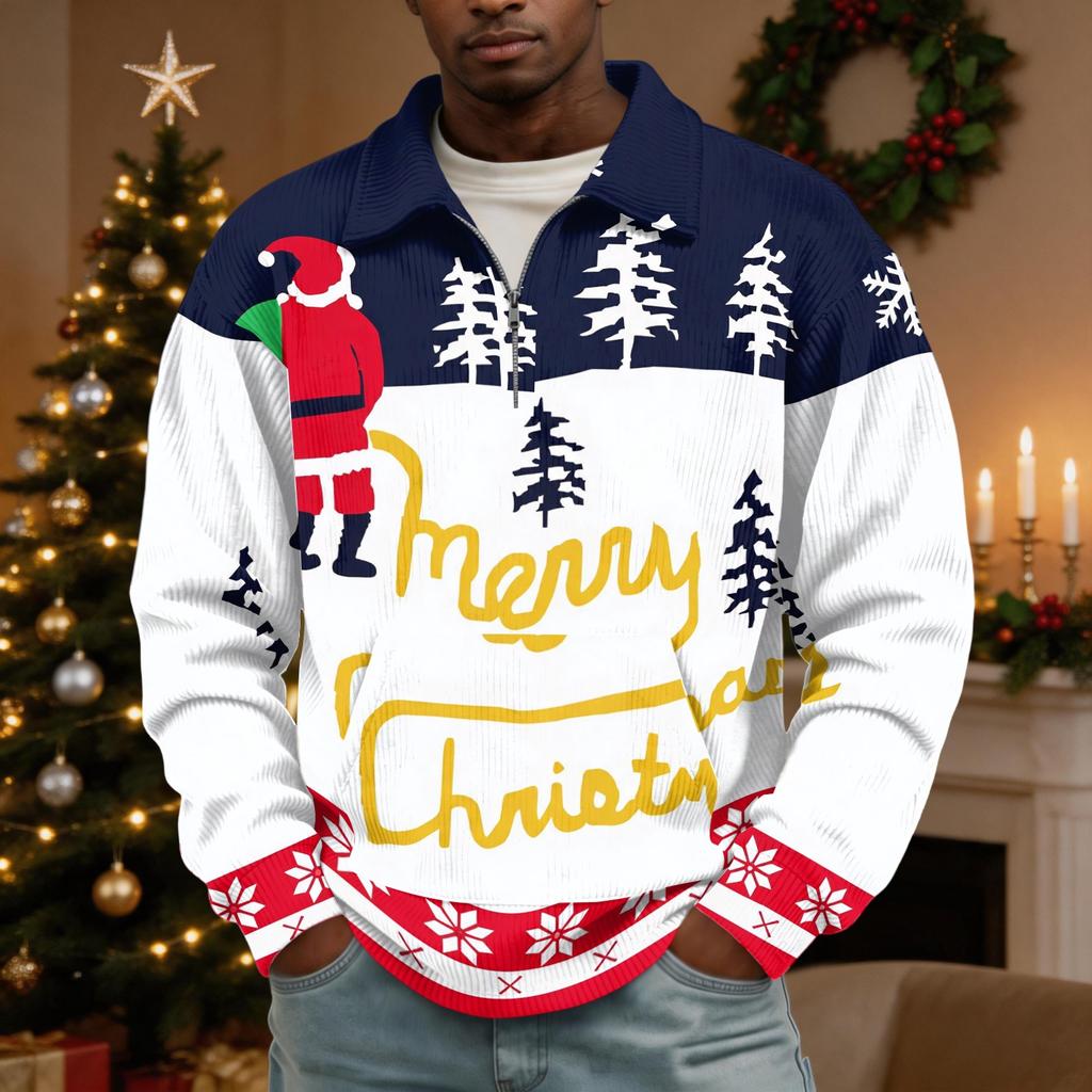 Men's Retro Corduroy Christmas Print Long Sleeve 1/4 Zip Collared Shirt with Pocket Casual Top