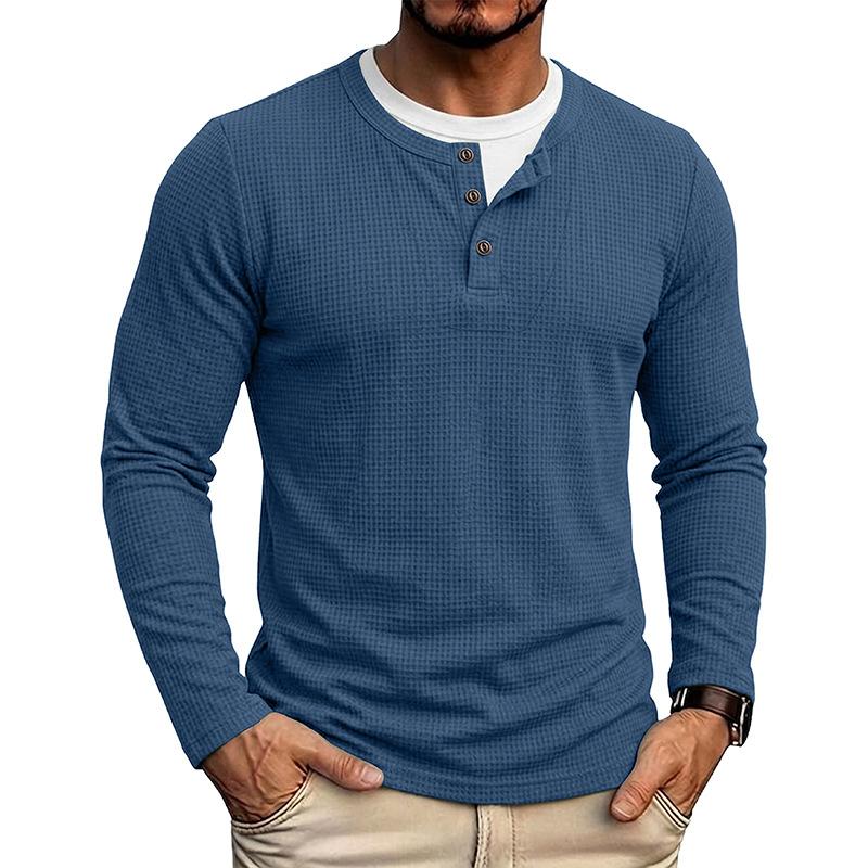 Herbst Winter Herren Fake Two-Piece Langarm Henley T-Shirt Waffel Casual Basisschicht T-Shirts Amerikanischer Stil Oberteile