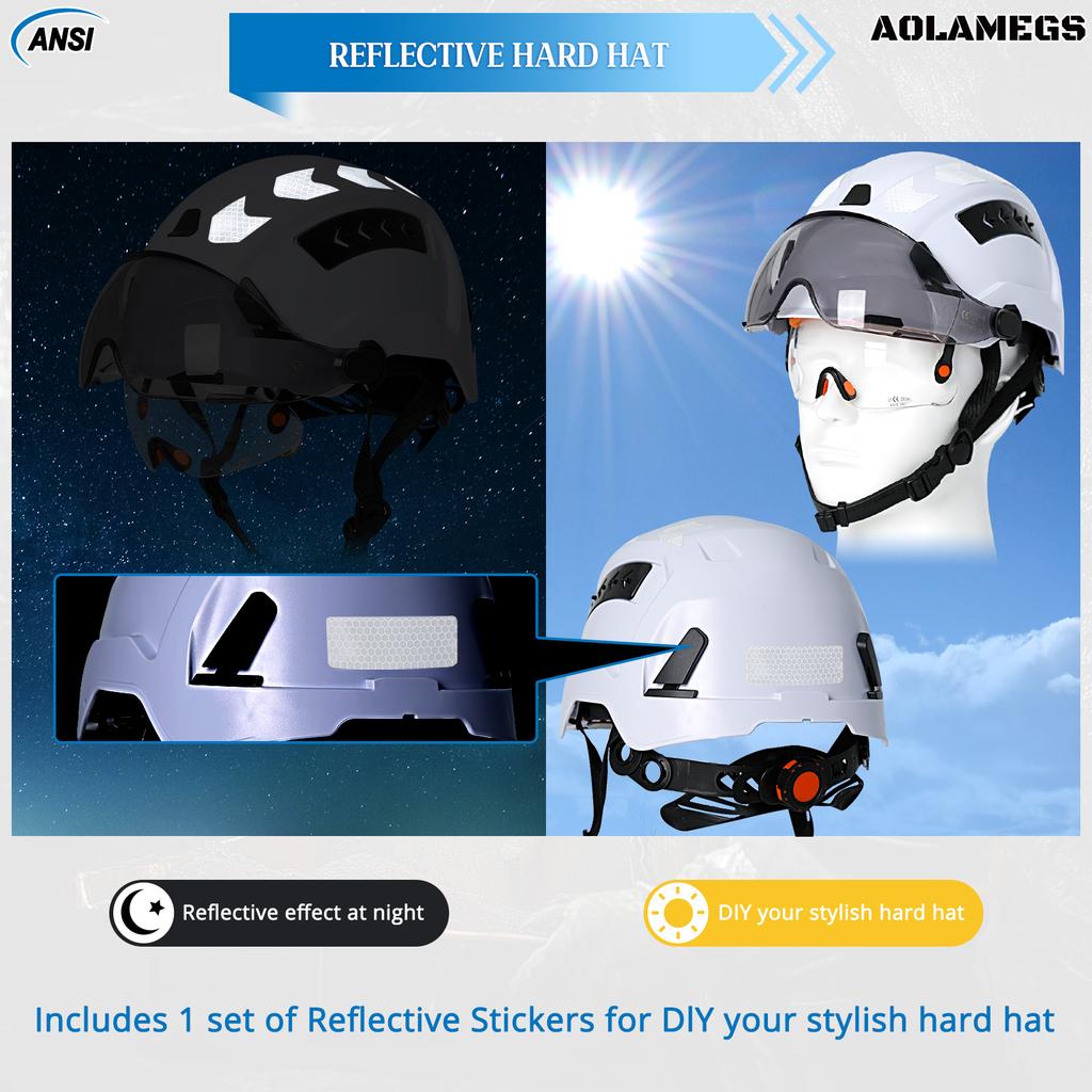 Casco di Sicurezza CE per l'Edilizia con Doppi Occhiali Integrati Visiera Adesivi Riflettenti Elmetto ANSI Cappello da Lavoro Industriale per Ingegnere