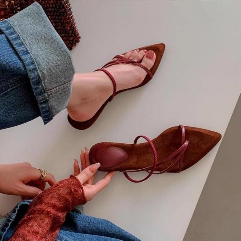 

Ancient feeling two wear! Retro suede toe wedge sandals women s 2025 new pointed toe open toe word with sandals 40 красный