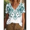 2025 Etnické dámské tričko s retro vzorem, Módní krátkorukávové s výstřihem do V, Běžný top, Denní potištěné tričko, Letní ležérní top