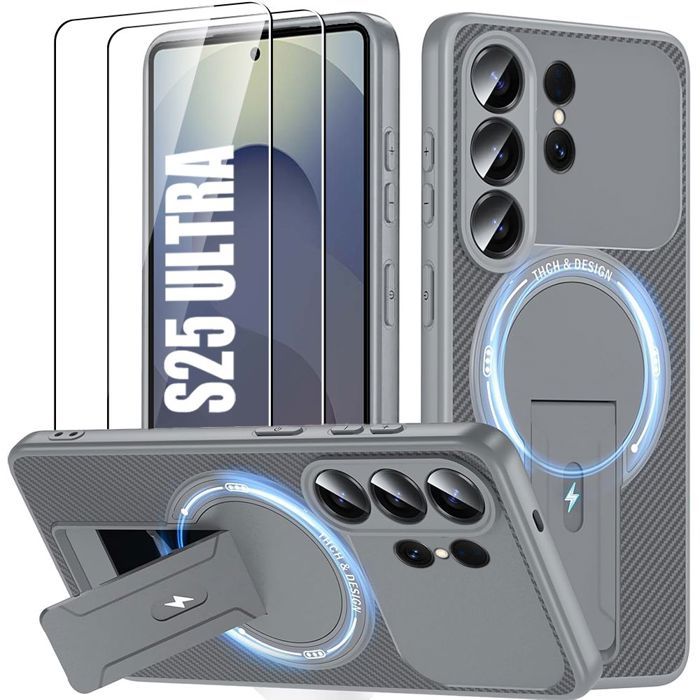 Coque + 2 Verres Trempés pour Samsung Galaxy S25 Ultra, avec Cercle Magnétique et Support Gris