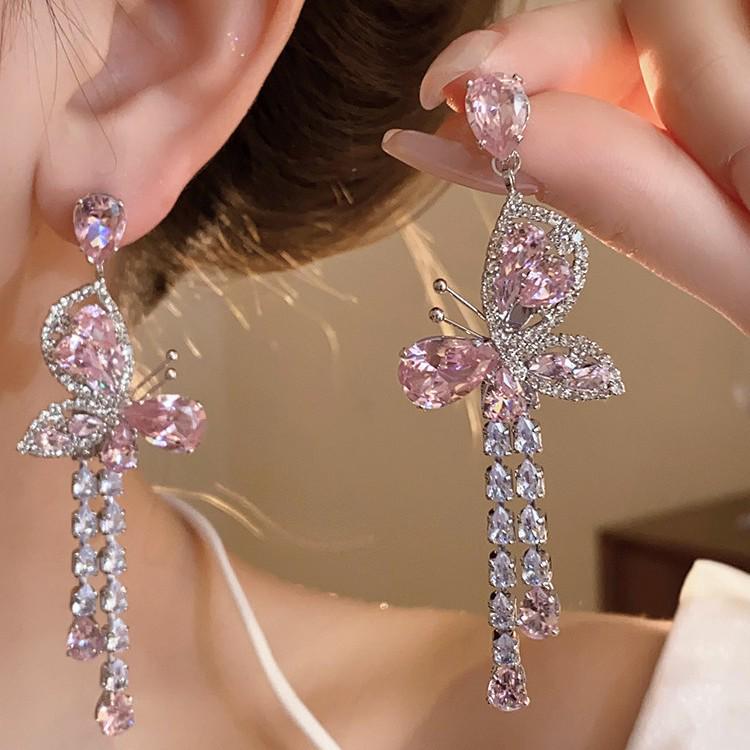 Silver Needle Butterfly Zircon Water Drop Tassel Earrings: Luxurious High-End Studs with Fashionable Precision