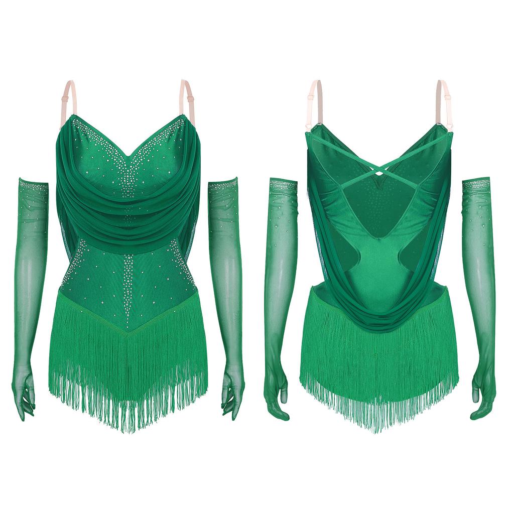 Womens Tassel Jazz Latin Dance Leotard Dress Glittery Rhinestones Adjustable Straps Cutout Fringed Bodysuit with Gloves