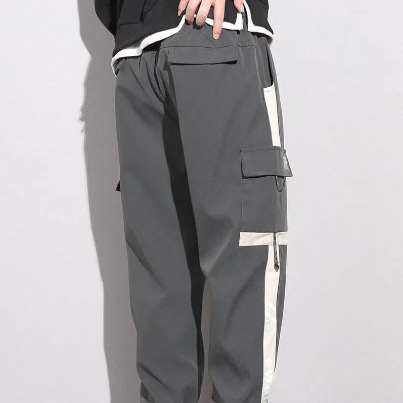 Spring Autumn Drawstring Waist Casual Fashion Cargo Pants Men Streetwear Contrast Trousers