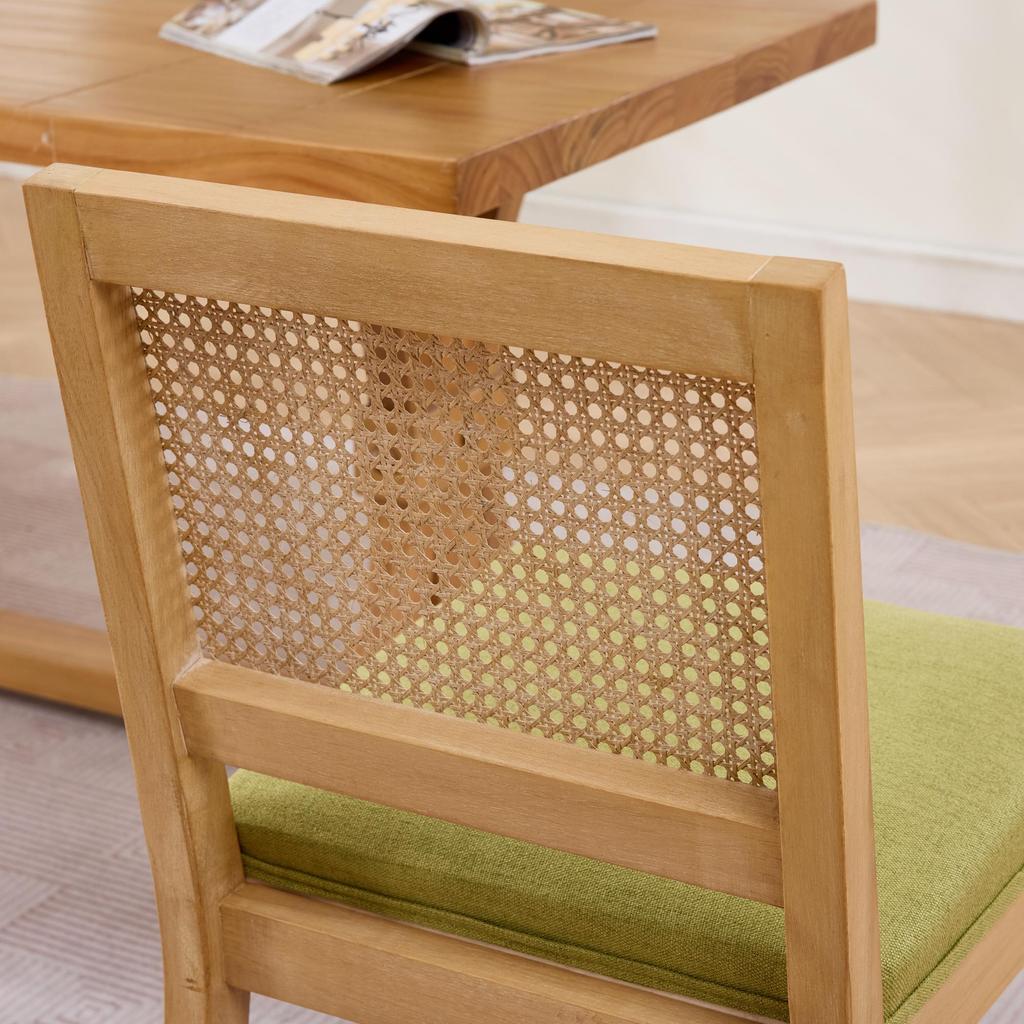Rattan Esszimmerstühle Set von 2, Bauernhausstühle mit Rattangeflecht-Rückenlehne, Mid-Century-Stühle mit Hartholzrahmen, Schwamm- & S-Feder-Polster, Olivgrün,DE2883OL