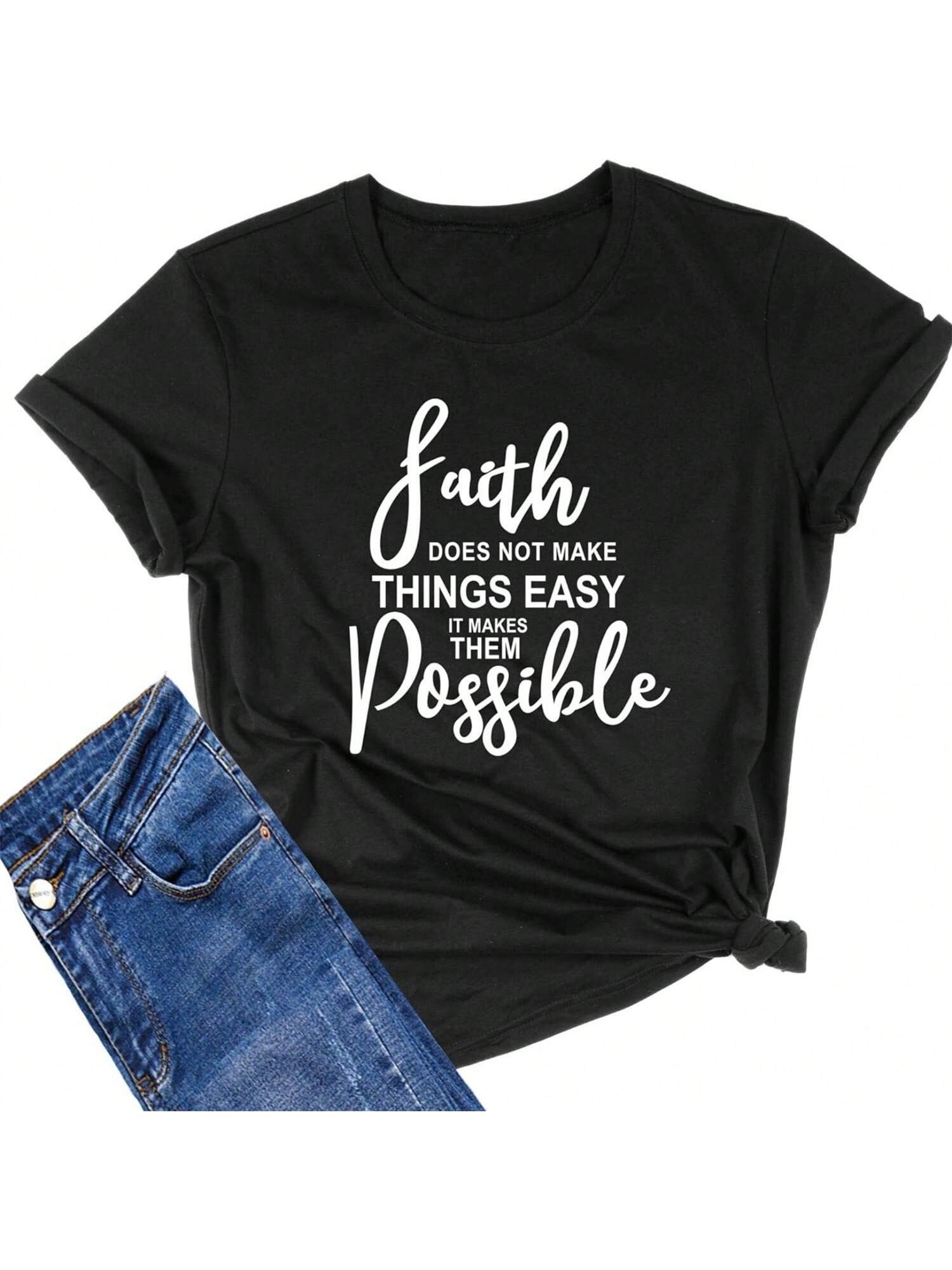 MIMOORN Wounisex s O Neck Faith Letter Print T-Shirts Short Sleeve Graphic Tees Tops S разноцветный