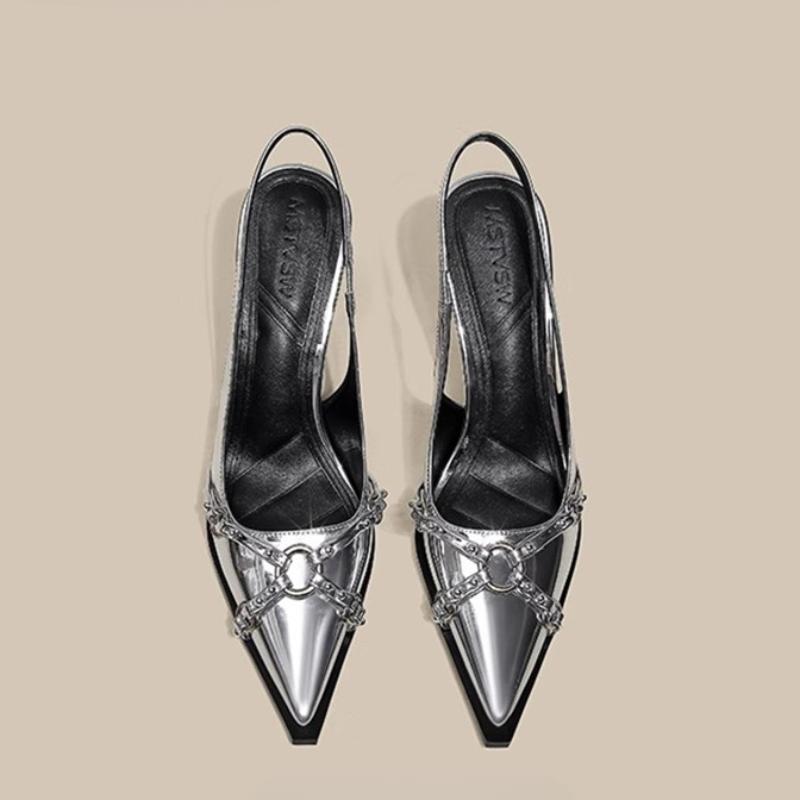 2025 Designer Women Sandals Fashion Pointed Toe Buckle Strap Metal High Heeled Kitten Heel Elegant Single Shoes Female