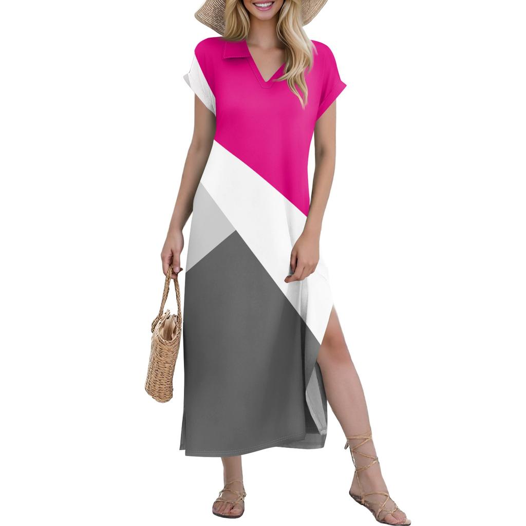 Women's Casual Comfortable V Neck Loose Hem Split Vacation Short Sleeve Geometric Long Dresses