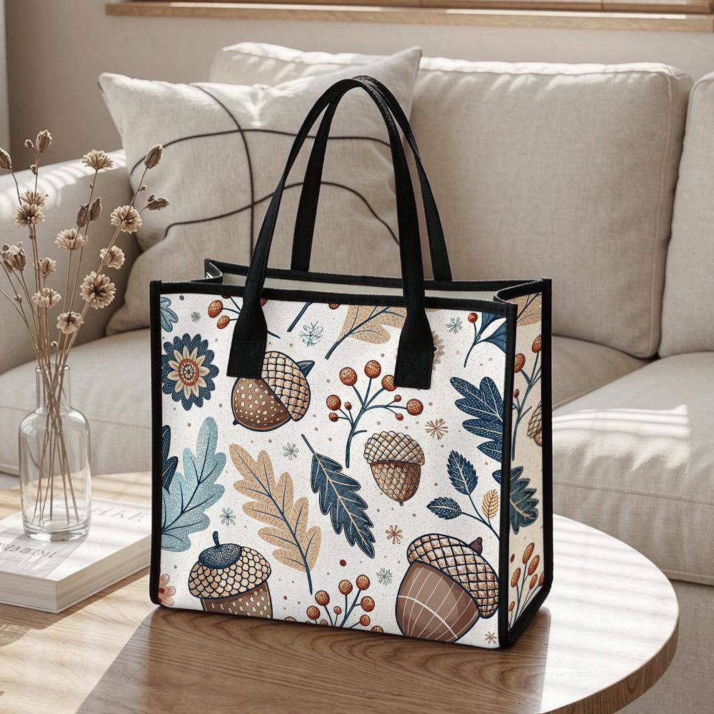 Autumn Acorn Print Canvas Tote Bag Casual Large Capacity Daily Shoulder Handbag for Shopping Work Travel