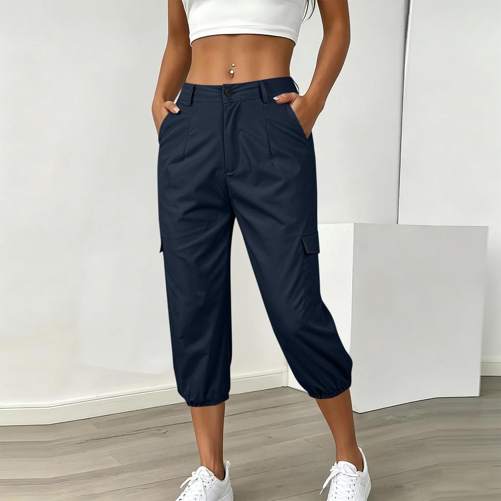 Women Casual Cargo Pants with Pockets Elastic Hem Adjustable Waistband Lightweight Durable Fabric Relaxed Fit