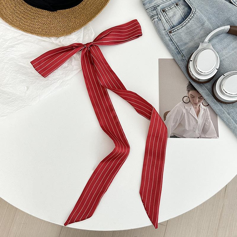 

Полосатый шелковый шарф, длинный универсальный красный тонкий и узкий шарф, бант, плетеная повязка для волос, завязанная на сумке, лента, шелковый шарф на талию.