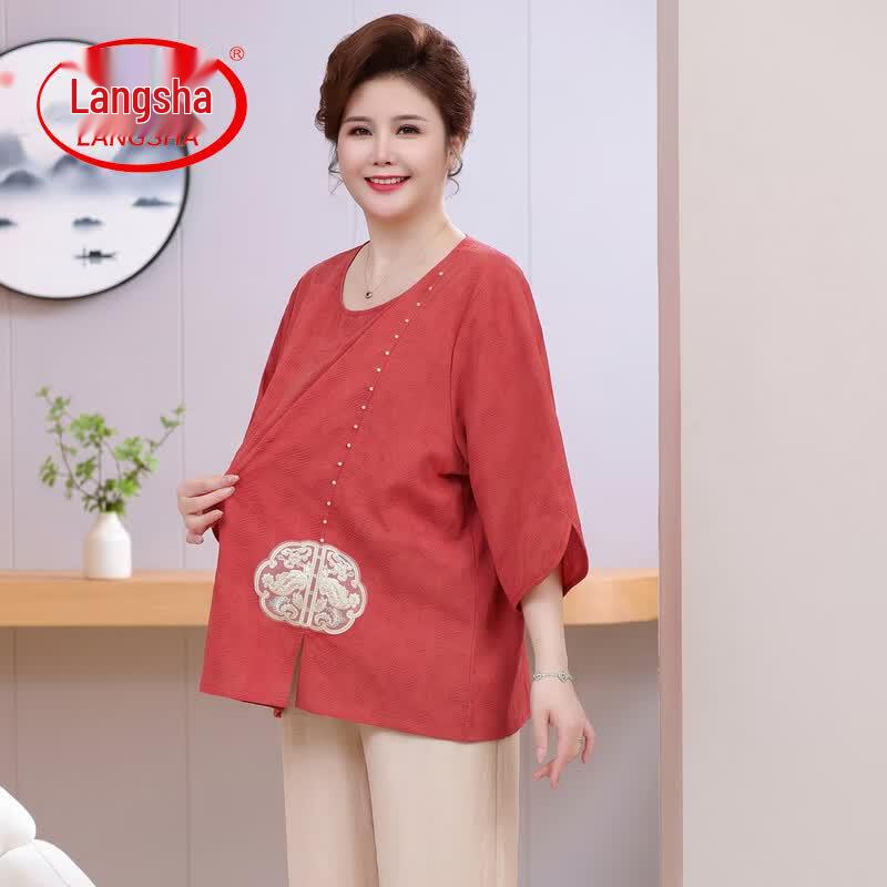 Langsha Women's Plus Size Embroidered Cotton Linen T-Shirt & Set