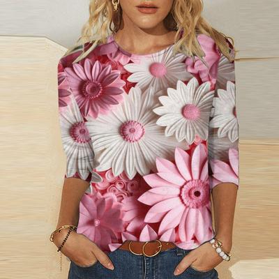 Round Neck 3D Beautiful Flower Pattern Printed Top Fashionable Casual Long Sleeved Women's T-shirts