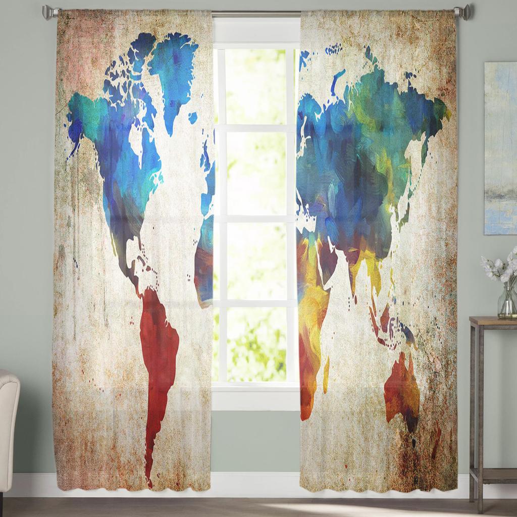 Colorful Map On Vintage Background Tulle Curtains Kitchen Door Curtain Chiffon Sheer Voile Christmas Curtains For Living Room