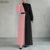 ZANZEA Damen Casual Rundhals Langarm Lose Patchwork Langes Kleid
