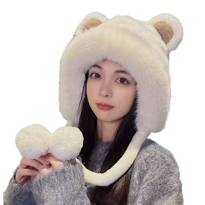 Hiver oreilles d'ours nouveau chapeau en peluche à lacets adulte polyvalent grand tour de tête pompon chaud féminin doux