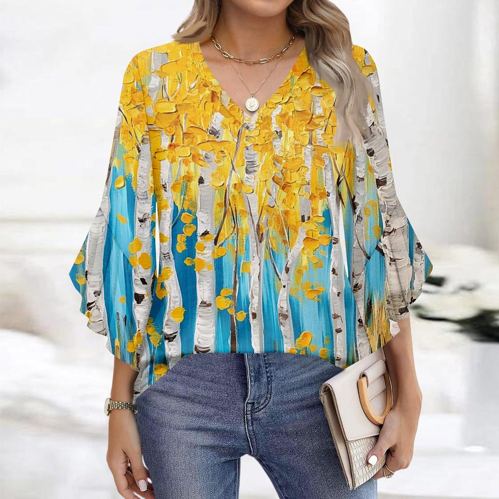 Blouses For Women Dressy Casual 3/4 Length Sleeve Womens Tops V Neck Tshirts Shirts With Flared Sleeve