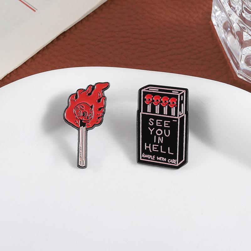 SEE YOU IN HELL Enamel Pins Custom Skull Matchsticks Brooches Lapel Badges Clothes Punk Jewelry Gift for Friends
