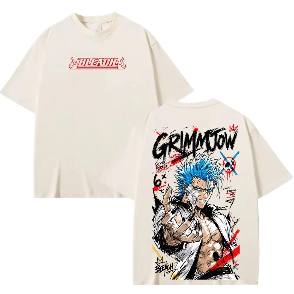 Bleach Anime Grimmjow T-Shirt, Lockeres Herren Kurzarm-T-Shirt, Vorder- und Rückseite Doppelprint Vintage Manga Muster Unisex Baumwoll-Oberteil