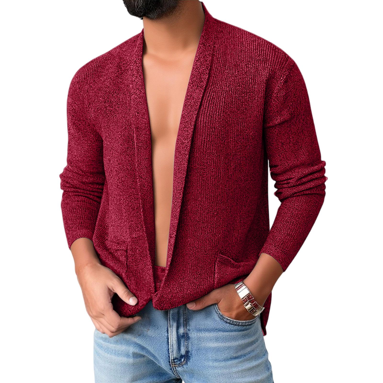 Men s  Trend  Solid Color  Knitting  Cardigan  Flip Collar  Sweater  Coat XXXL
