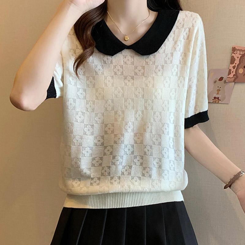 Women Sweaters Pullovers 2025 Summer Short Sleeve Doll Collar Casual Knitted Sweater Women Tops Pullover JJ229