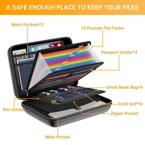 Fireproof File Organizer with Lock Hard-Shell Document Box with 13 Pocket Portable Accordion File Folder for Home Office Travel