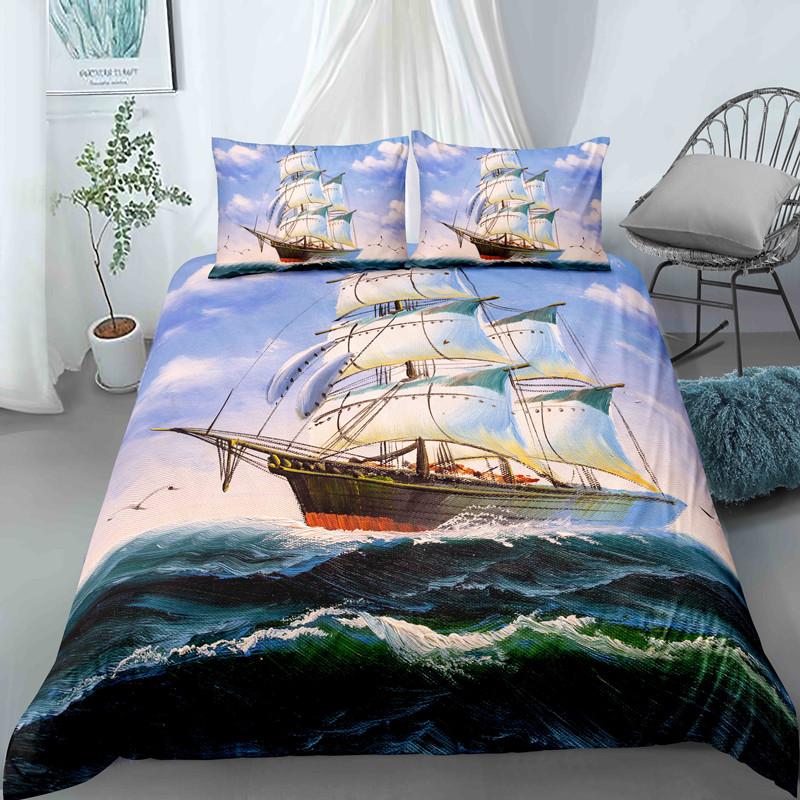 Beautiful Pink Sunset Boat Duvet Cover Set Sea Boat Comforter Cover Polyester Bedding Set With Pillowcase For Kids Boys Girls