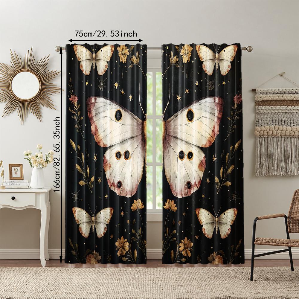 2 Pcs, Versatile Polyester Transparent Curtains for Home Decoration Vintage Black Butterfly & Floral Leaf Pee for Use In