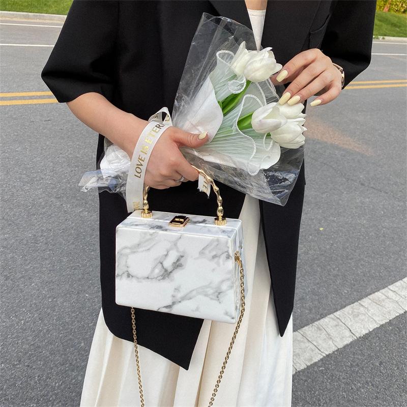 Women Acrylic Box Shoulder Bag Fashion Marble Pattern Chain Bag Women's  Matal Hadle Clutch Evening Bag