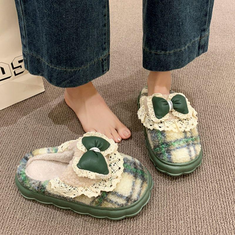 Women's Cotton Slippers Autumn/Winter 2025: Korean Style with Lace Bow, Thick Non-Slip Sole, Warm for Indoor Use.