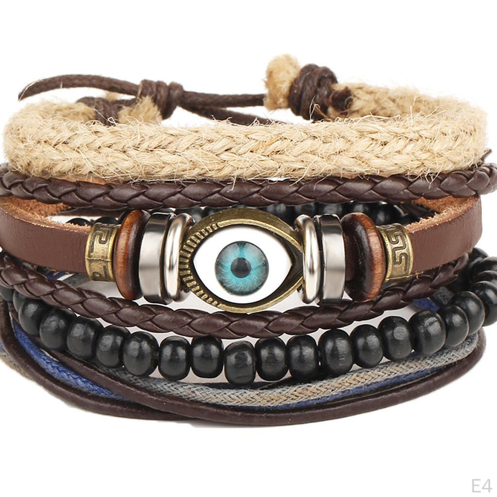 1 Set Wrap Bracelets for Men Women, String Cords Wood Beads Ethnic Tribal Bracelets, Leather (4Pcs)