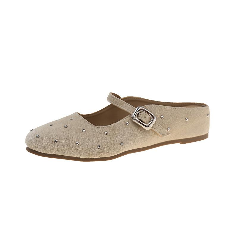 French Retro One-word Buckle Mary Jane Women's Shoes 2025 Summer New Casual Round Head Shallow Mouth Bag Head Half Slippers Women