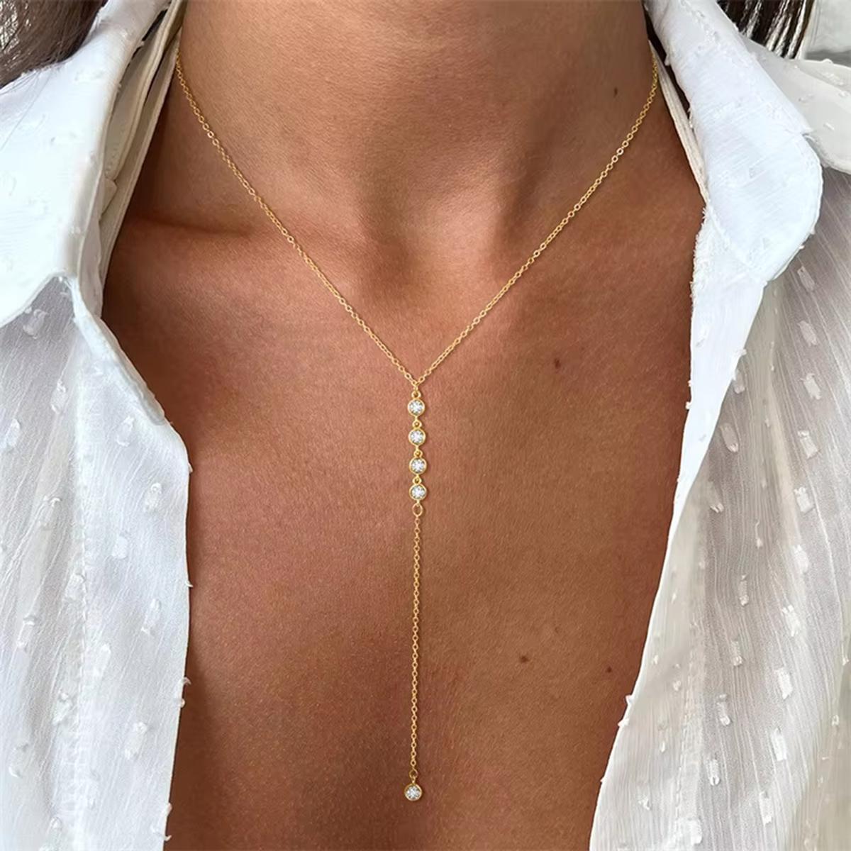 

Simple Zircon Long Tassel Chain Necklaces for Women Metal Geometric Bead Choker Necklace Women s Jewelry