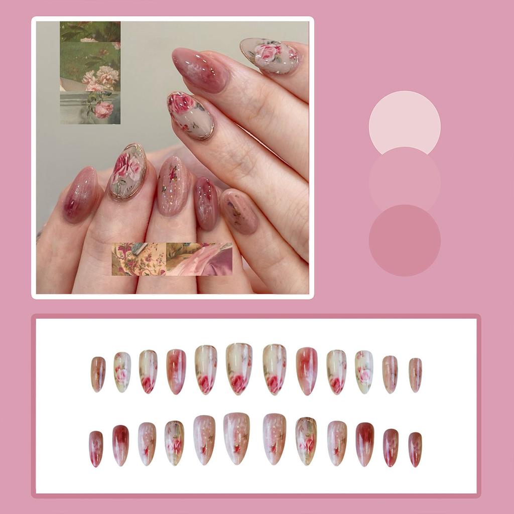 24Pcs Almond False Nails Rose Ombre False Nails Press On Nails Artificial Nail Tips For Women Daily Wear Wearable False Nails