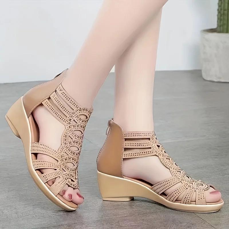 Fashion 2025 New Ladies' Non Slip Wedge Sandals with Zipper, Breathable, All Season Comfortable, Walking and Social Shoes