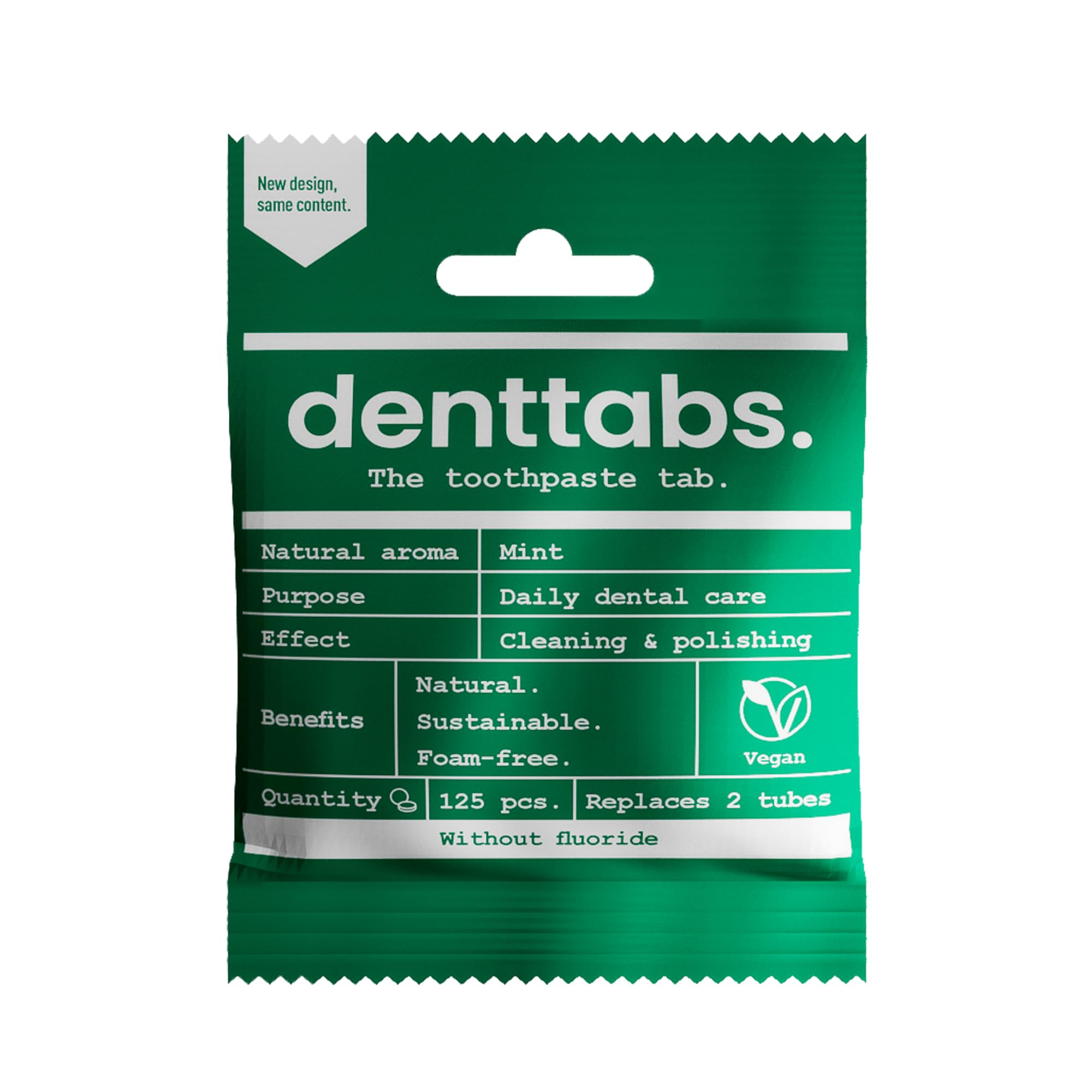 

Denttabs. Fluoride-free toothpaste tablets, mint, 125 tablets