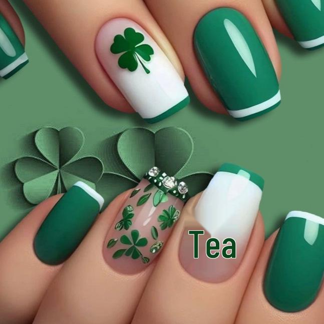 

24-Piece Gradient Green Clover Flash Diamond Nail Art Set Black Jelly Glue + Strip (Shein platform)