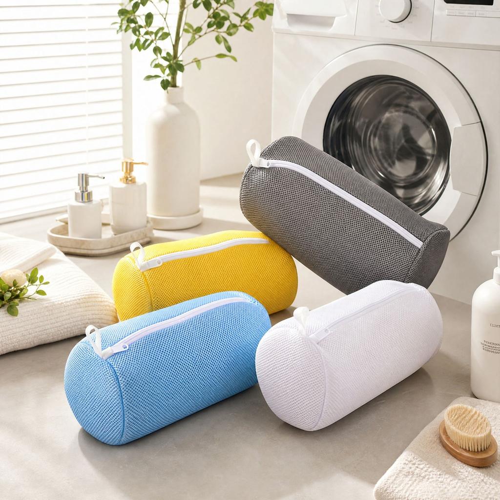 Cylindrical Mesh Bag for Shoes, Thickened Polyester Shoe Wash Bag with Zipper for Home Storage