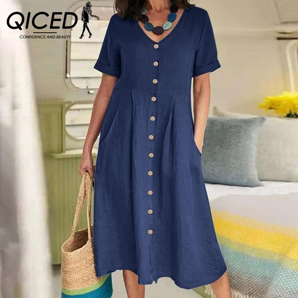 QICED Women Summer Casual Cotton V-Neck Short Sleeve Button Dress
