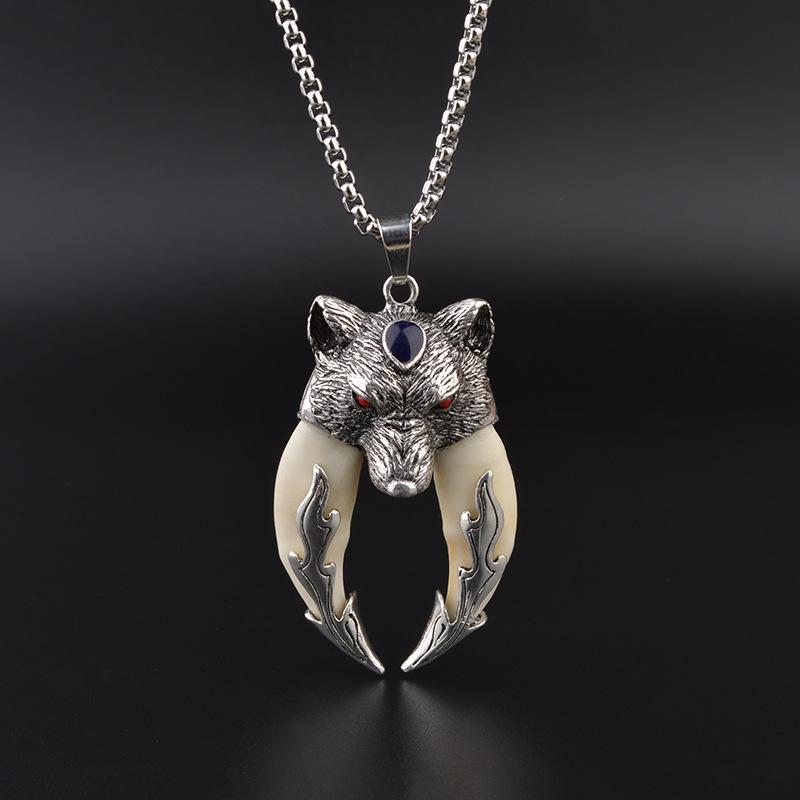 Antique Double Boar Tooth Silver Wolf Protective Talisman Pendant Necklace Gift