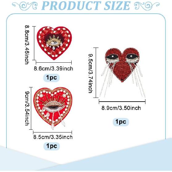 INFUNLY 3pcs Evil Eyes Beaded Patches Rhinestone Applique Patches Sequin Applique Sew on Crystal Heart Patch Red Heart Embroidery Patch for Clothing