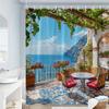 Mediterranean Ocean View Shower Curtain Waterproof Bathroom Curtain Tropical Coastal Luxury Seaside Resort Decor Print