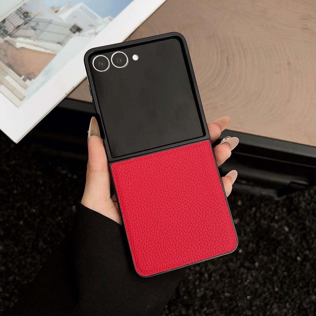 Minimalist Lychee Pattern Leather Feel Phone Case for Samsung Galaxy Flip 7 6 5 4 FE Solid Color Foldable Screen Protect Cover