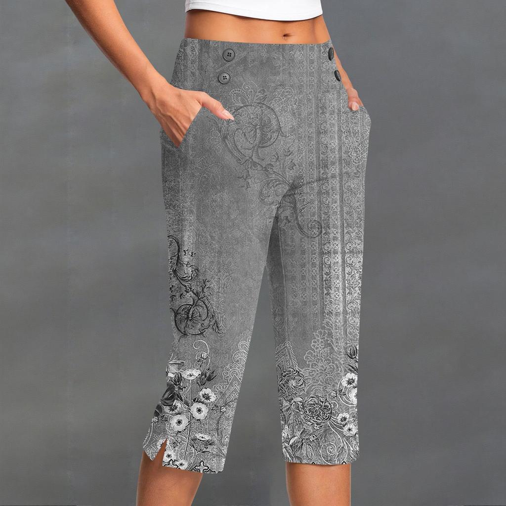 Damen Vintage Blumenmuster Knopf Tasche Hose Schlitz Hohe Taille Sport Yoga Freizeit Hose