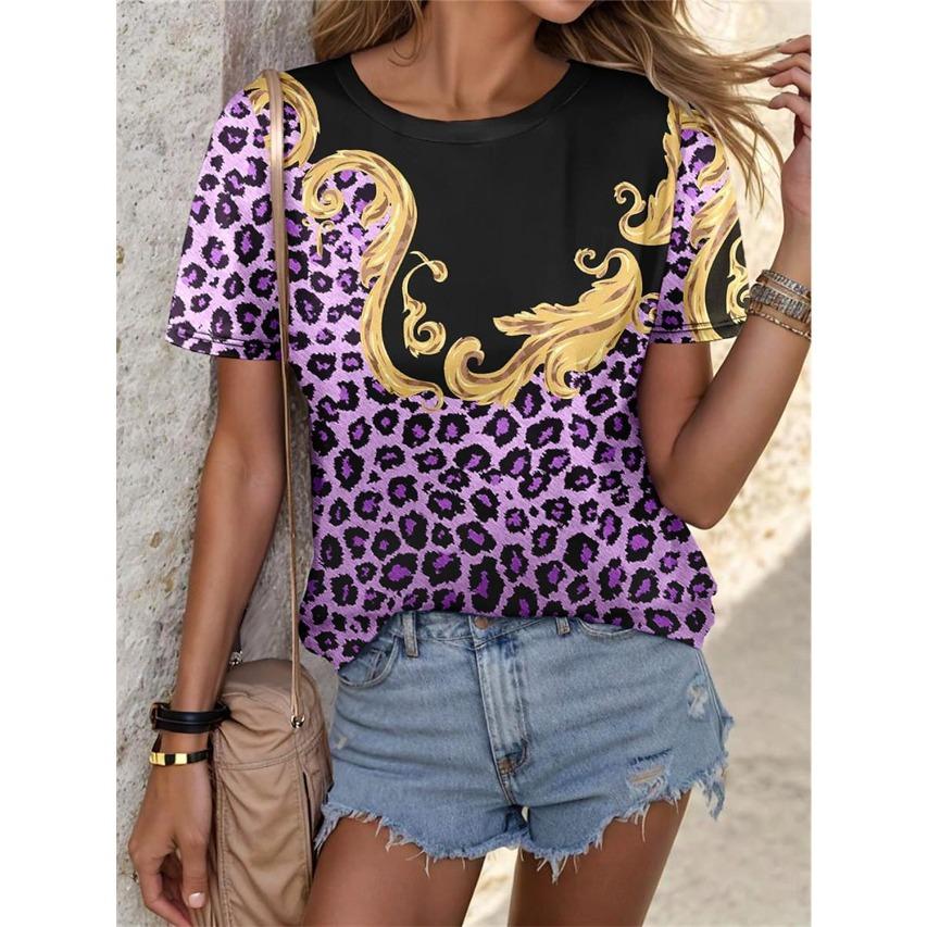 Summer Round Neck 3D Leopard Print T-shirts Fashionable Casual Short Sleeved Women's T-shirts