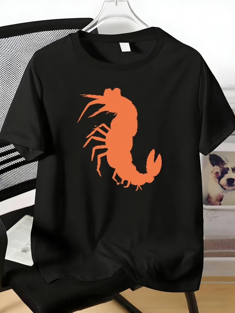 Summer Unisexs Loose Fit T Shirt Minimal Orange Lobster Silhouette Pattern Soft Light White Crew Neck Seafood Lover Streetwear Top